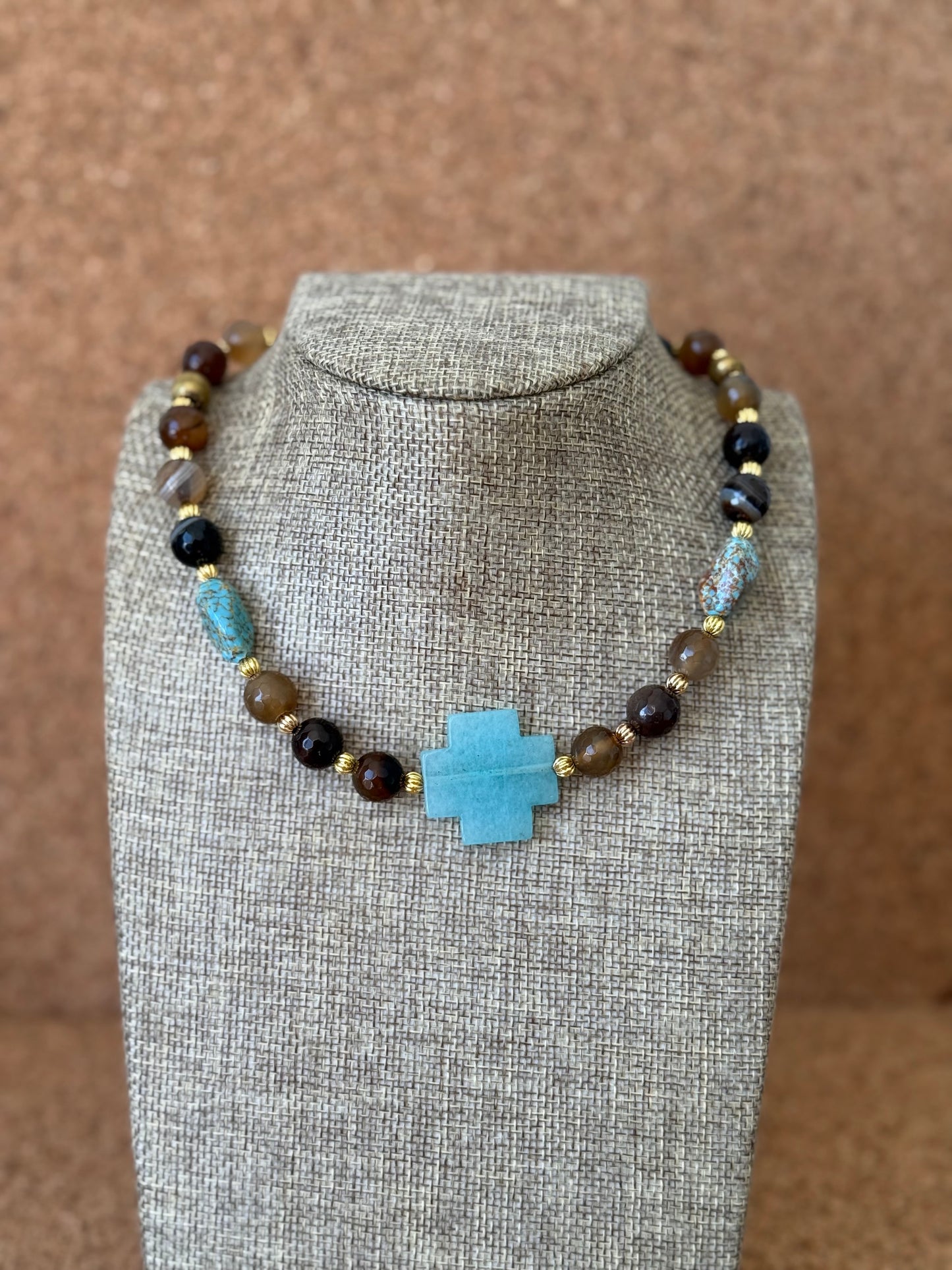 Natural Agates with turquoise and Jade Cross