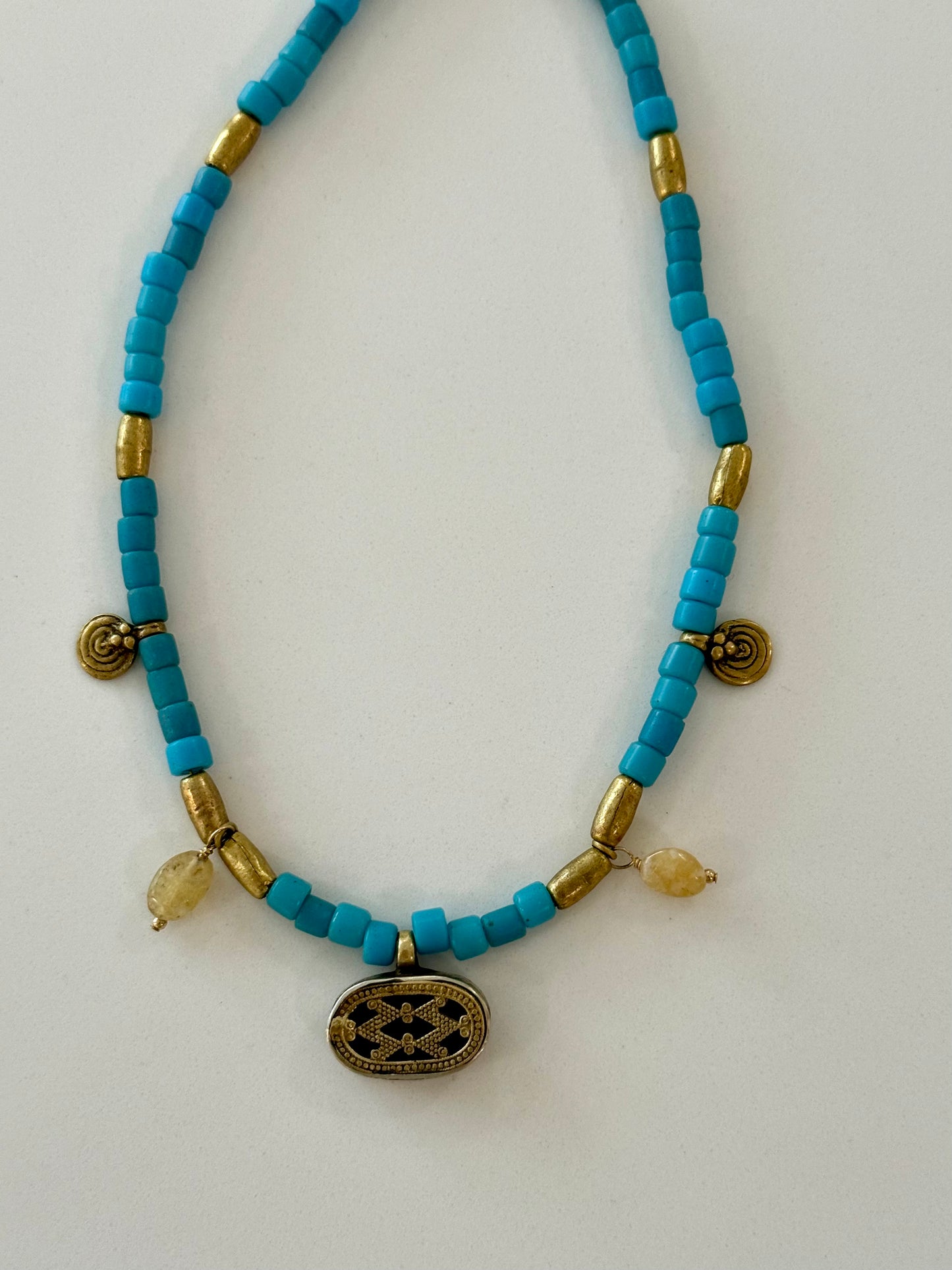 Antique Czech Glass Beads with Brass Pendant and Yellow Opal Charms