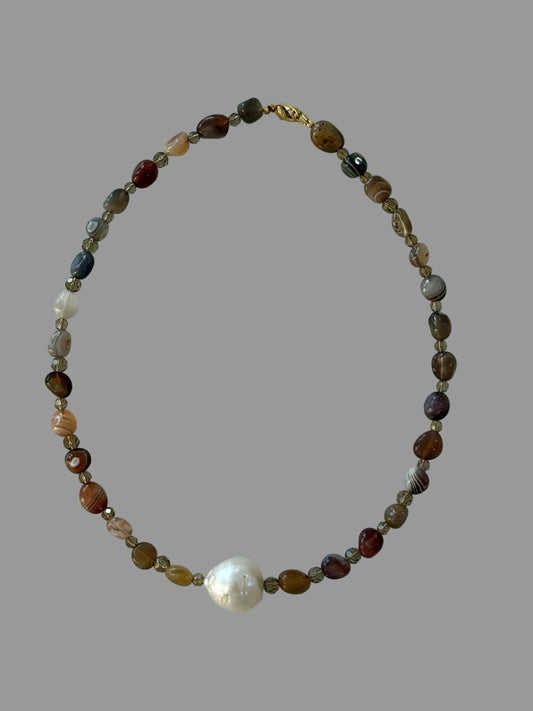 Beaded necklace with natural multicolor agates, smokey quartz and a large Baroque Pearl 