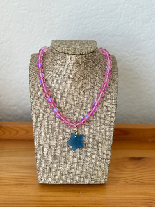 Purple Opaque Mermaid Beaded Necklace with Blue Sea glass Star Pendant