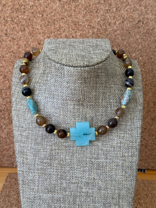Natural Agates with turquoise and Jade Cross