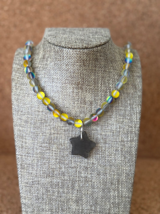 Yellow Mermaid Glass Bead Necklace with Smokey Sea-glass Star