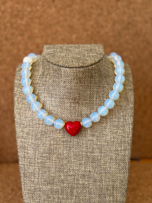Opalite Glass Beads Choker with an Enamel Heart