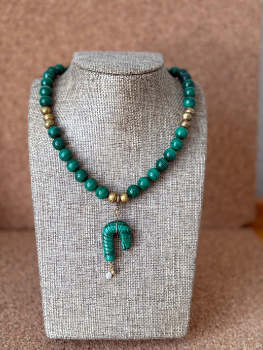 Malachite & Brass Beaded Necklace