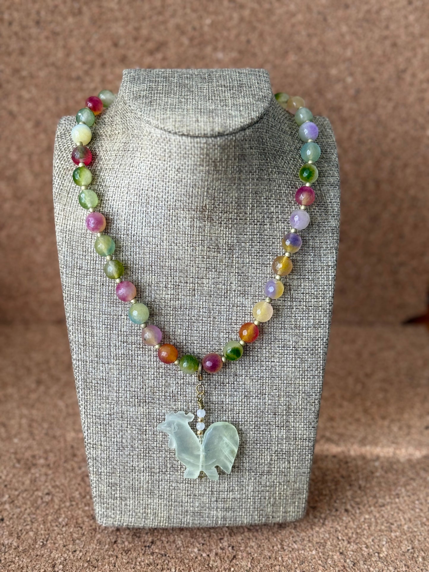 Agates Necklace with a Prehnite Rooster