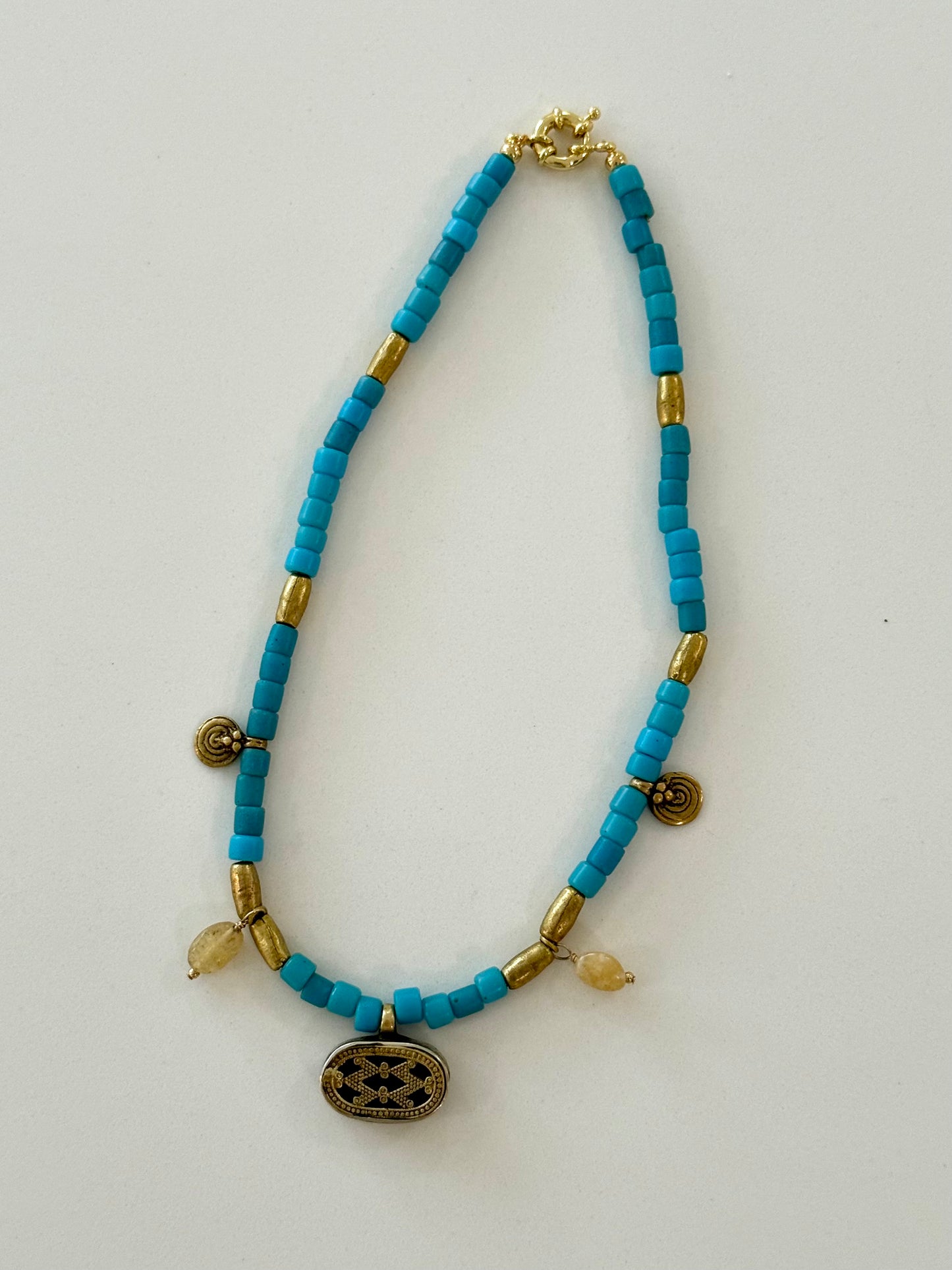 Antique Czech Glass Beads with Brass Pendant and Yellow Opal Charms