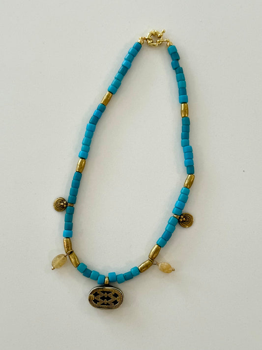 Antique Czech Glass Beads with Brass Pendant and Yellow Opal Charms