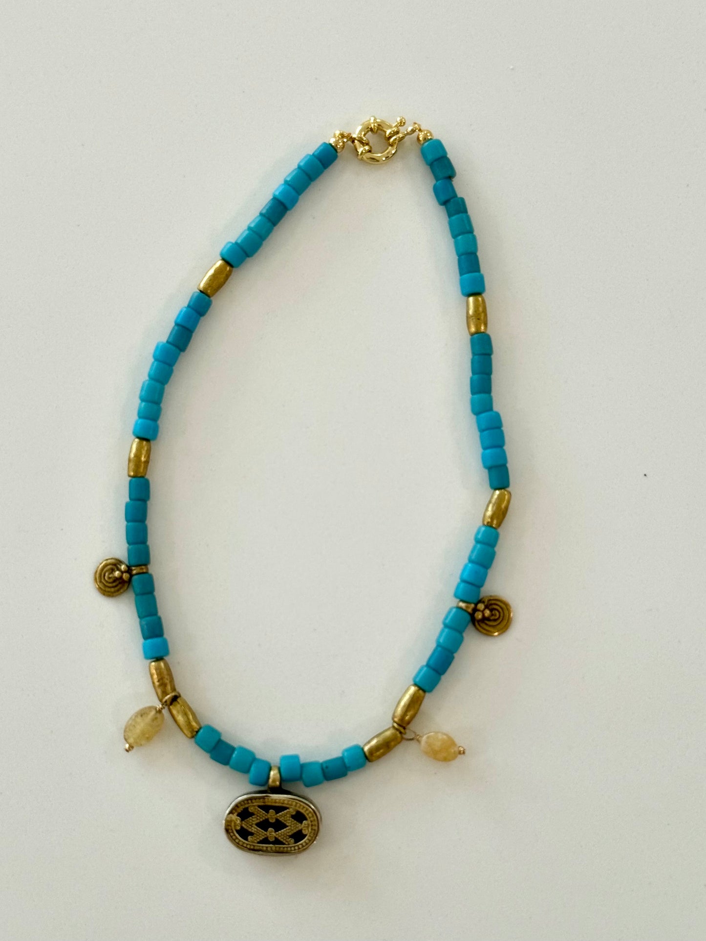 Antique Czech Glass Beads with Brass Pendant and Yellow Opal Charms